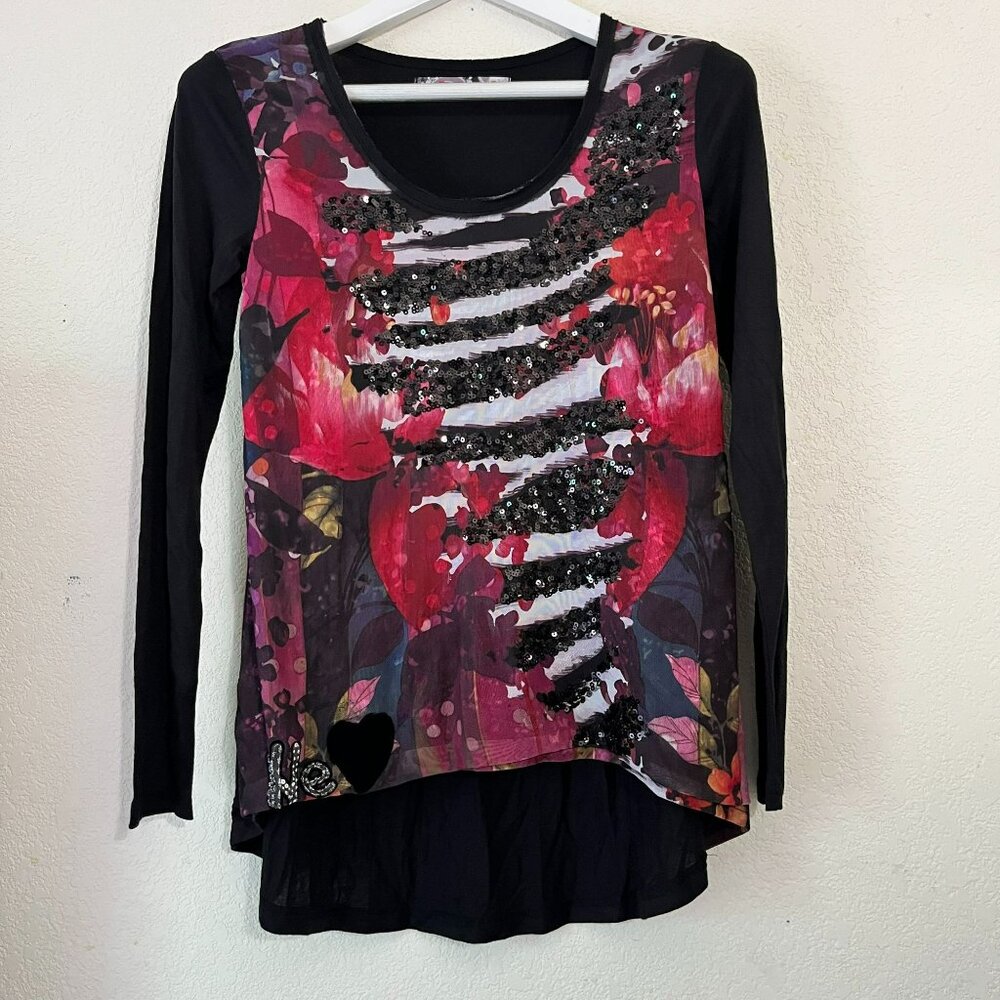 Desigual Women's Sequin Gauzy Overlay Long Sleeve Casual Blouse Black/Pink Small